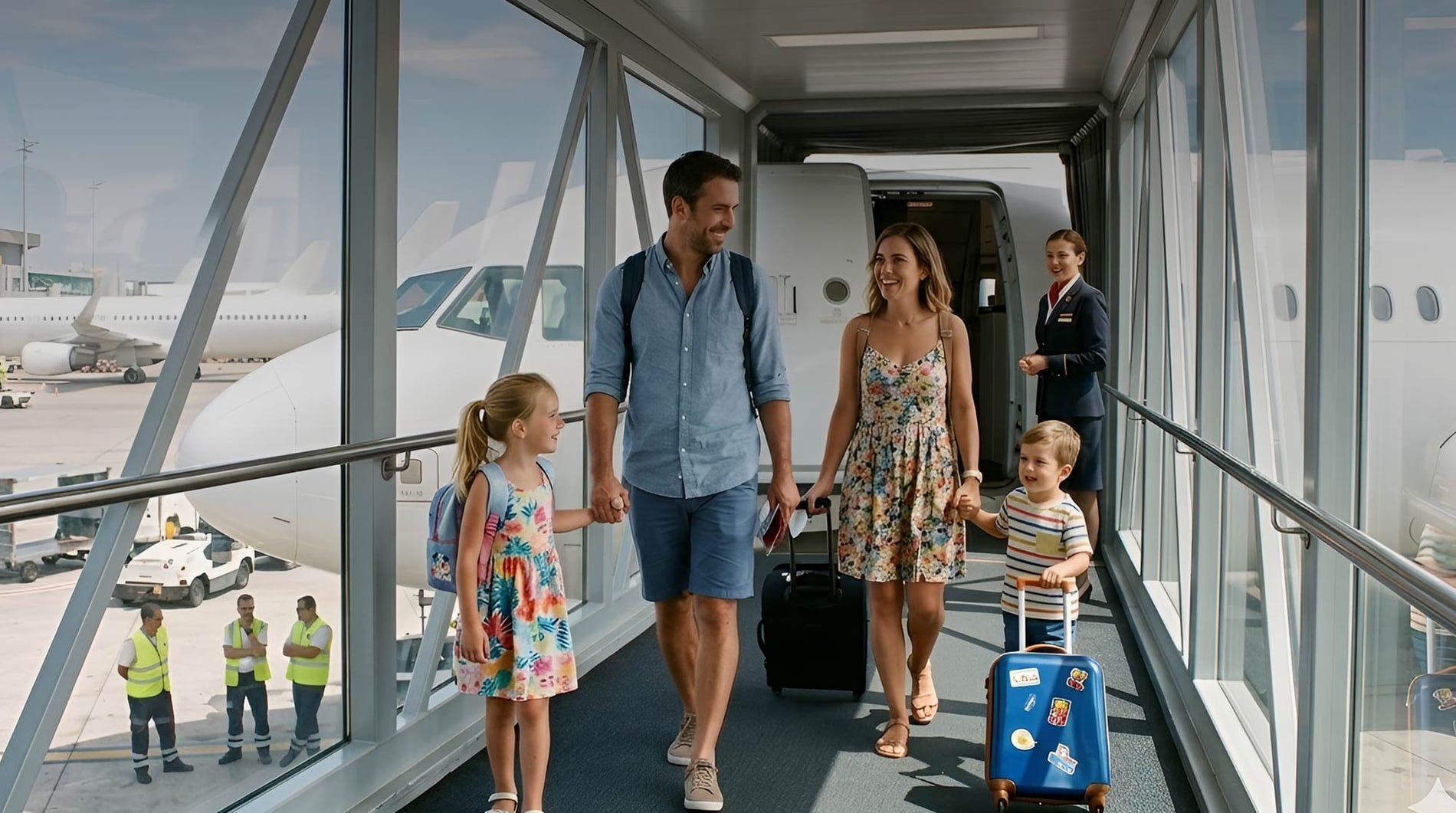 Family boards plane via jet bridge at Hotel Rosamar, Benidorm. Hotel + Flight packages available.