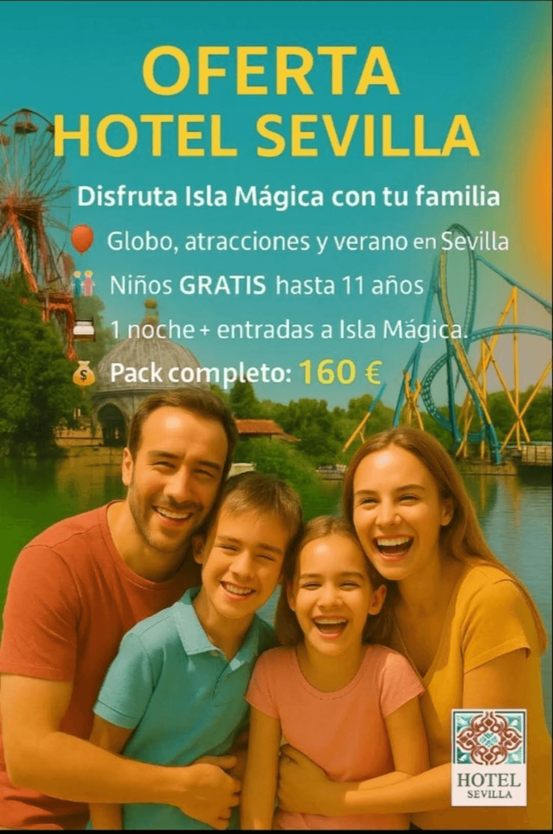un cartel con una familia y la palabra oferta hotel sevilla