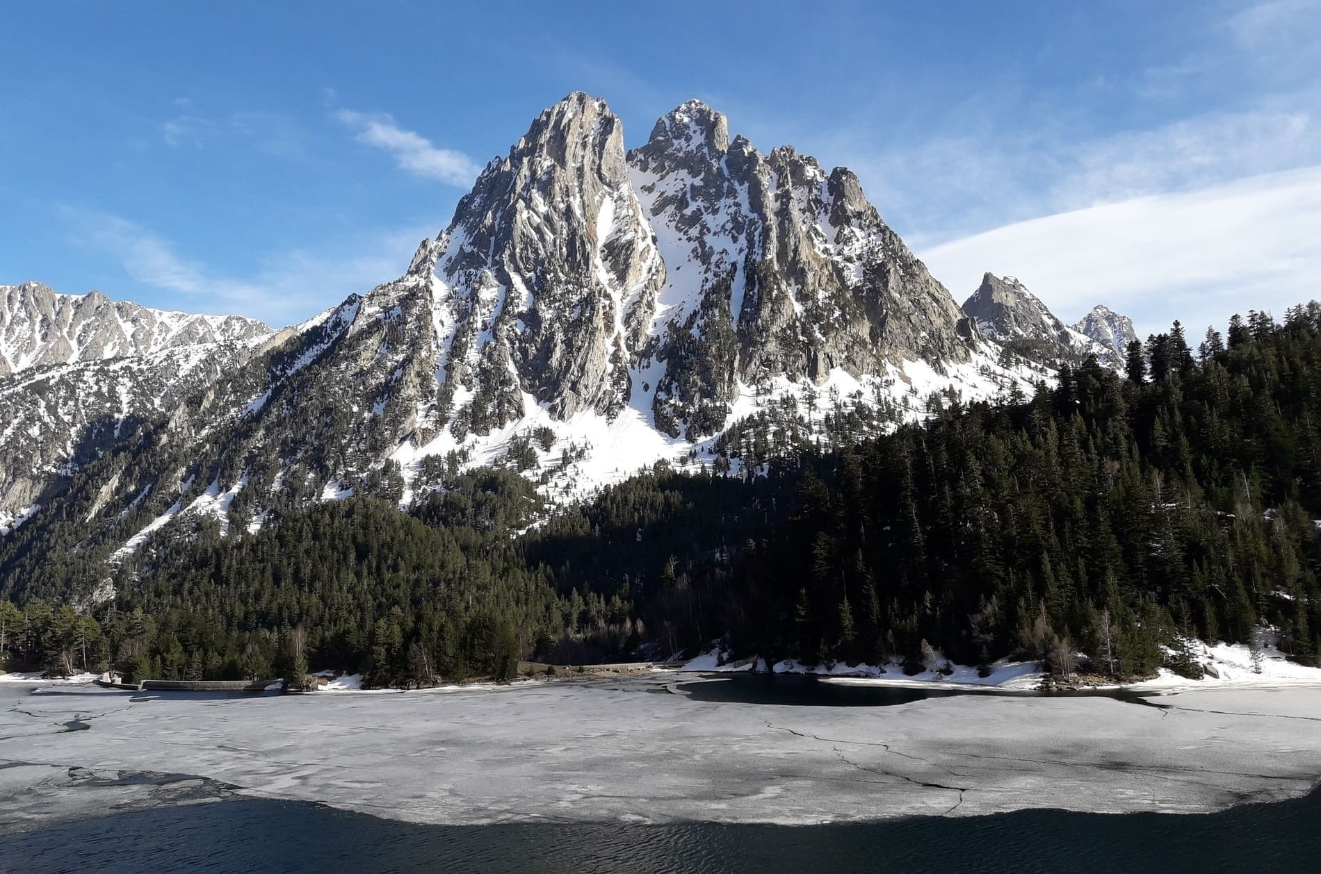 un pont traverse une rivière dans une forêt avec une montagne en arrière-plan