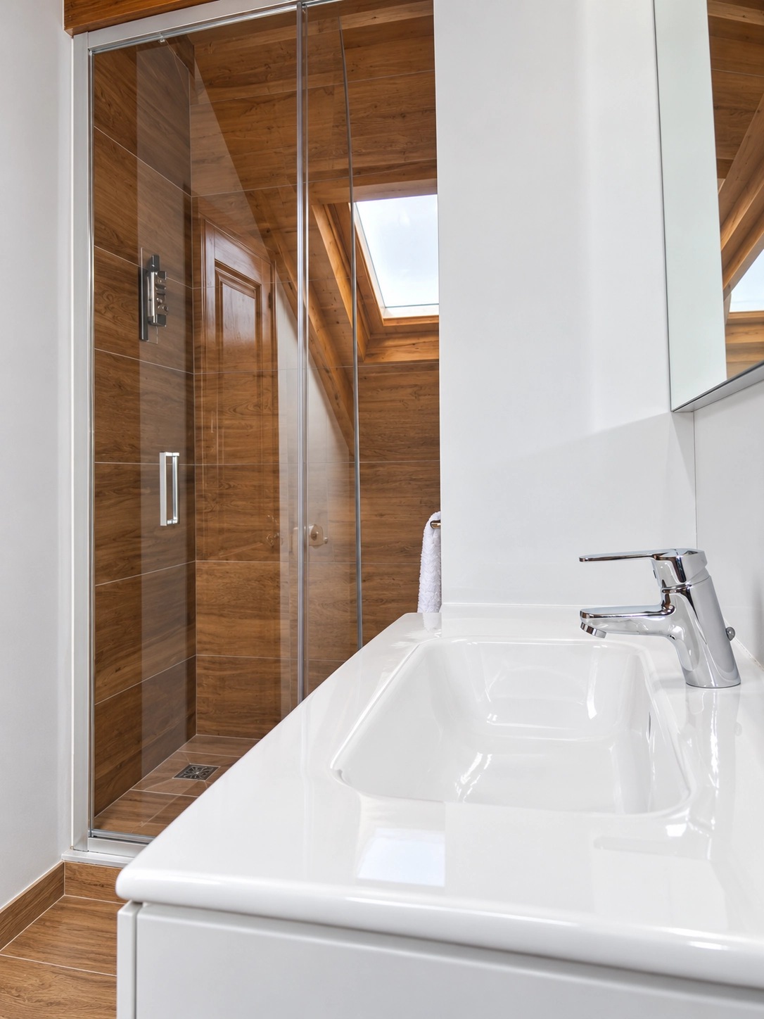 Baño moderno con ducha de madera y lavabo blanco. SNÖ Vall de Boi