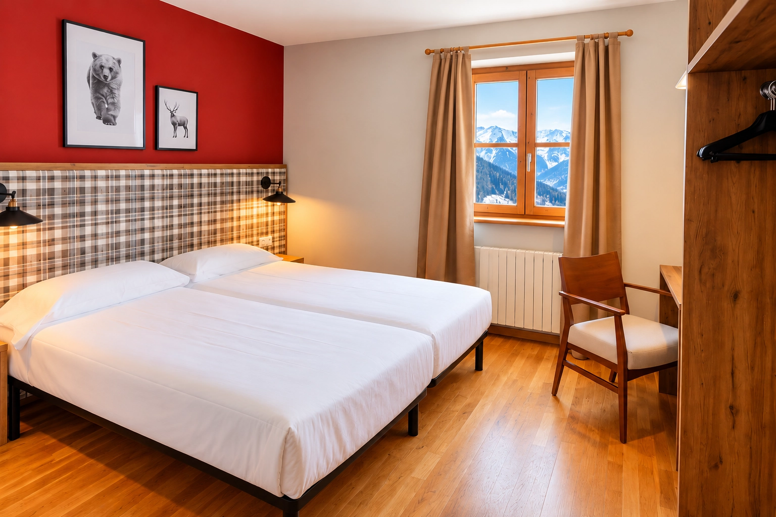 Habitación doble SNO: Hotel Vall de Boi con cuadros de animales y manta marrón.