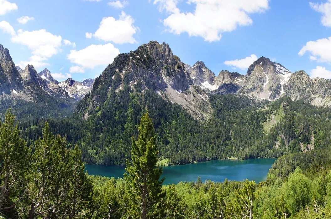 un lago rodeado de montañas cubiertas de nieve y árboles