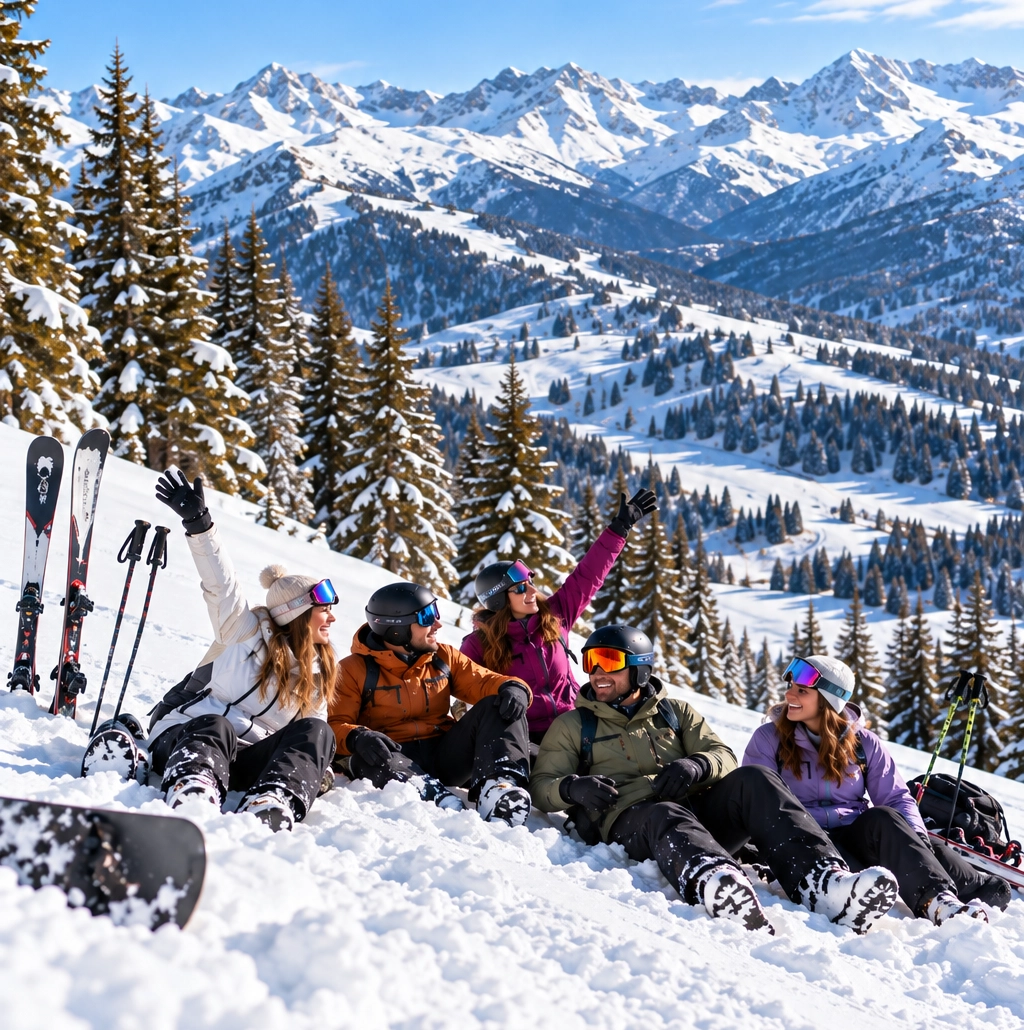 Grup de esquiadors gaudint del paisatge muntanyós SNÖ Vall de Boi a prop de l'hotel.