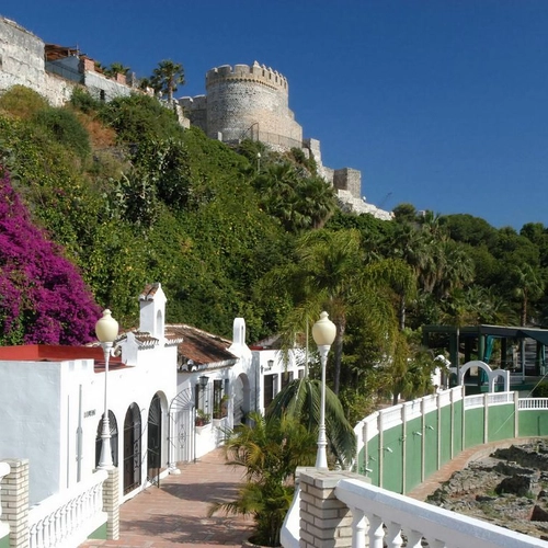 Castillo de Hotel Victoria Centro con flores moradas y ruinas arqueológicas