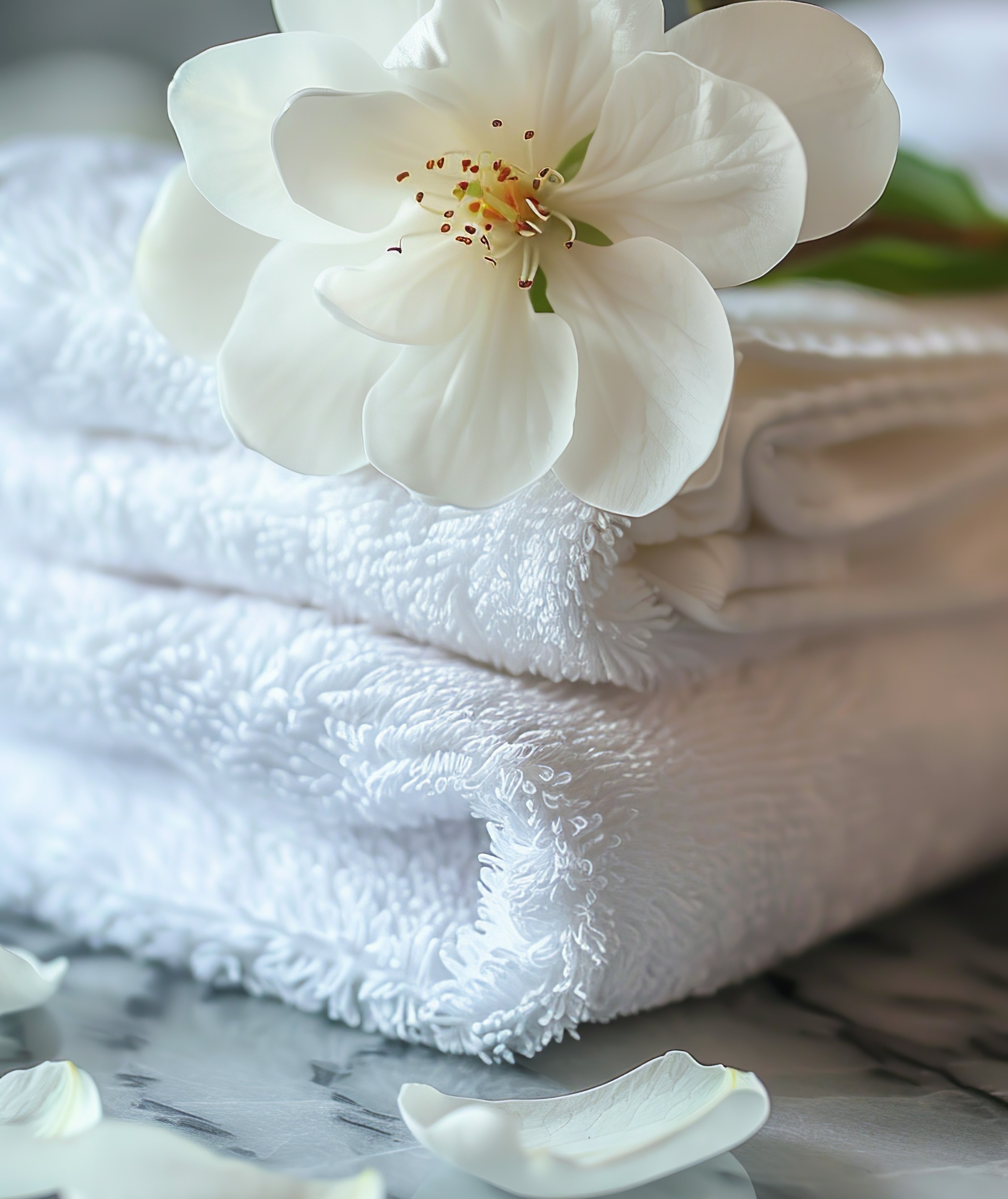 a stack of white towels with a flower in the background