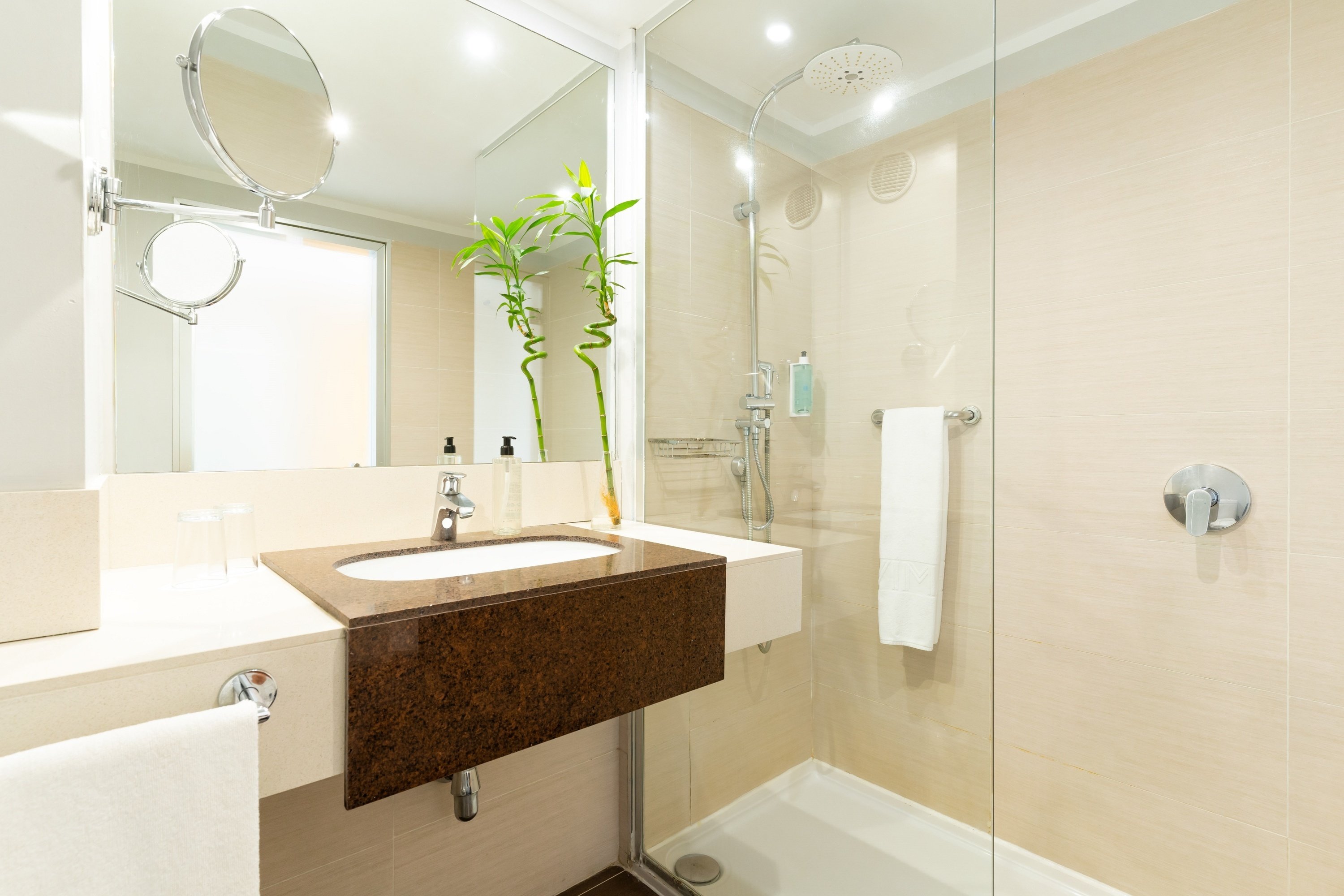 a bathroom with a sink and a walk in shower