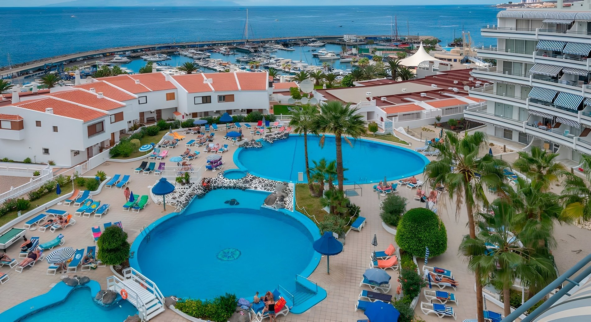 a large swimming pool surrounded by chairs and palm trees