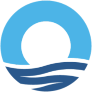 un logotipo azul y blanco con un sol y olas