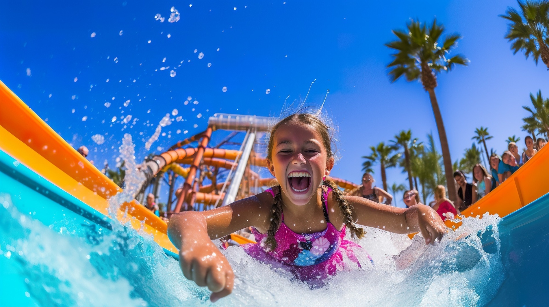 un père et ses deux filles jouent sur un toboggan aquatique