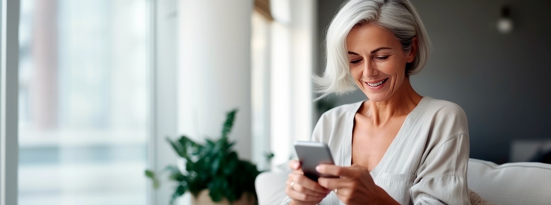 une femme est assise sur un canapé et regarde son téléphone portable