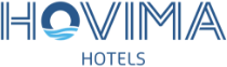 a blue and white logo for hovimia hotels