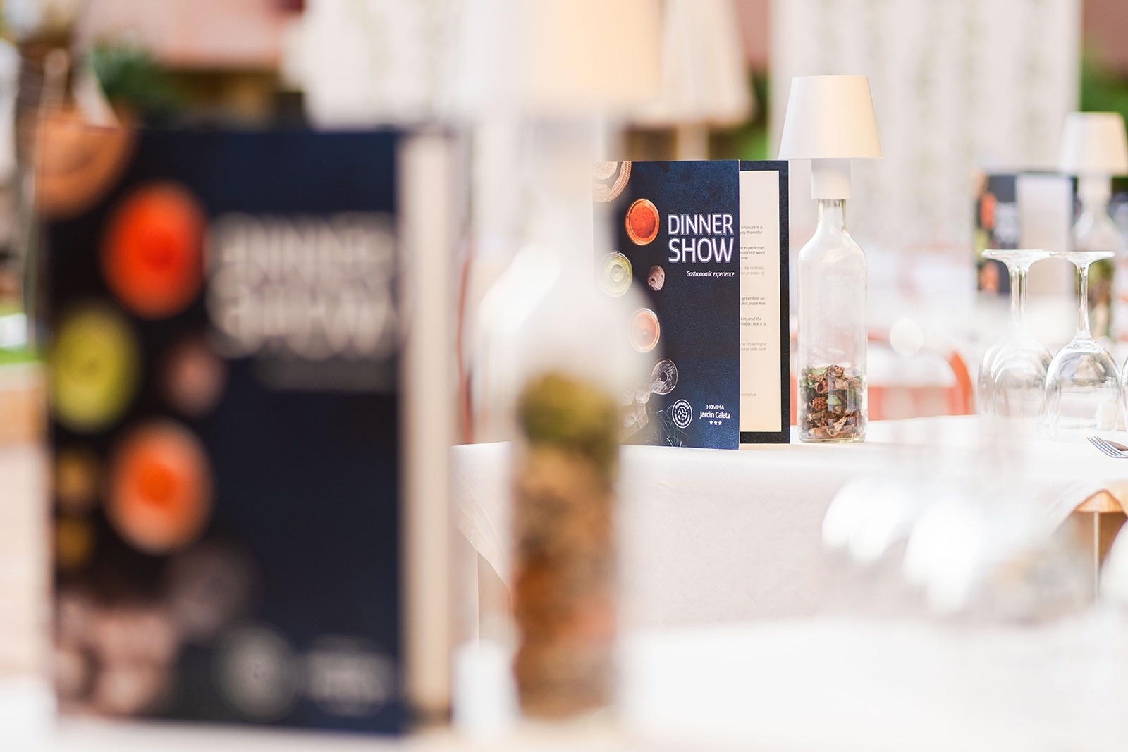 
                                    a menu for a dinner show sits on a table