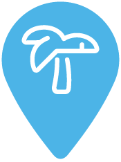 a blue pin with a sun and waves on it