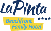 a blue and yellow logo for la pinta beachfront family hotel