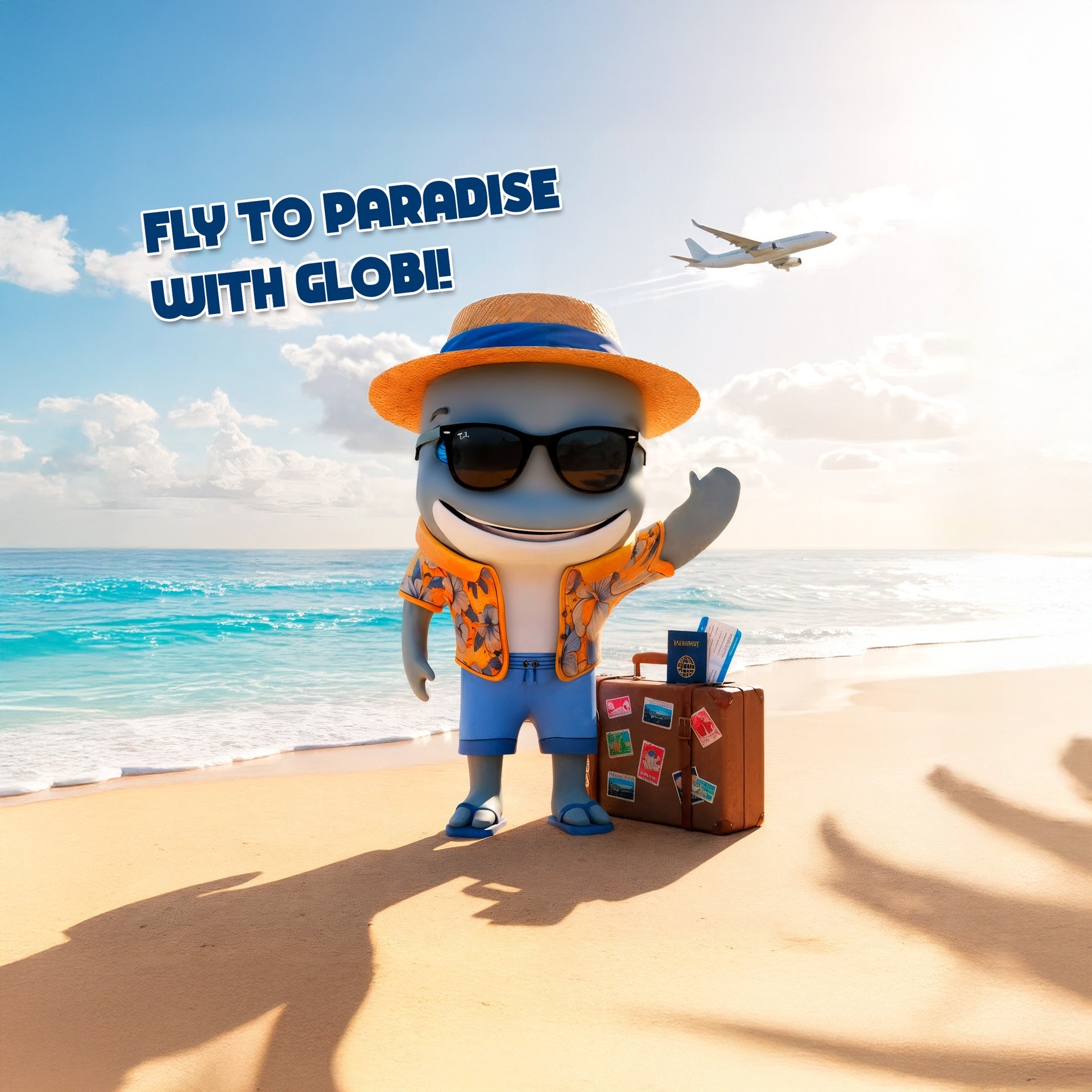 Globi en la playa con una maleta