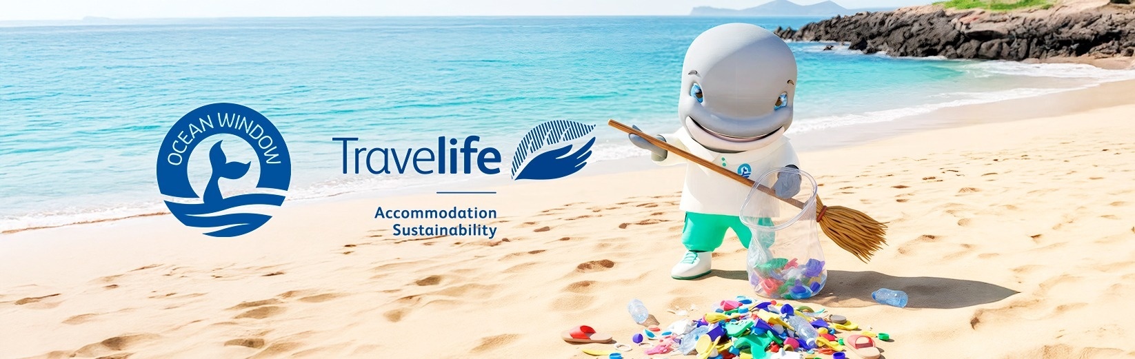 Das Maskottchen Globi auf dem Meeresgrund und die Logos von OceanWindow und Travel Life