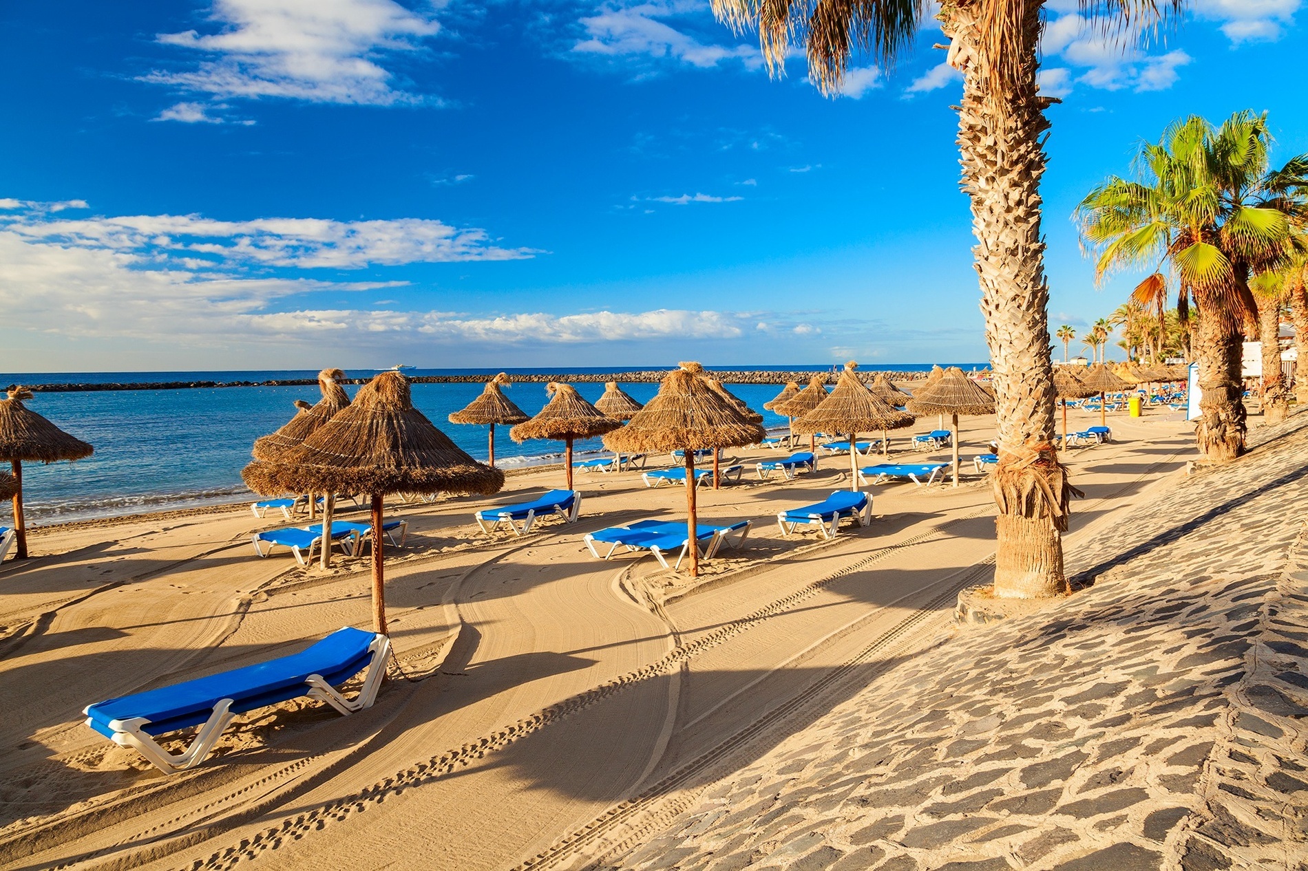 a beach with straw umbrellas and blue chairs