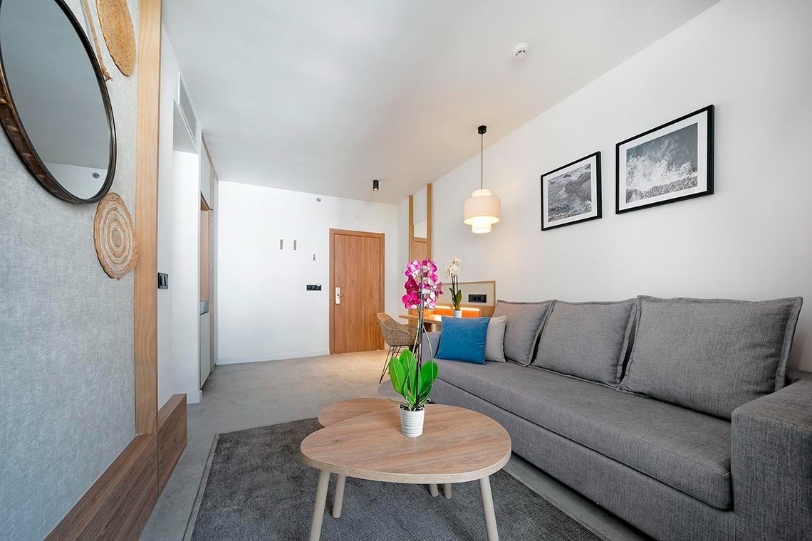 una sala de estar con un sofá gris y dos mesas de madera