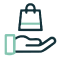 un icono azul de una mano sosteniendo una bolsa de compras .