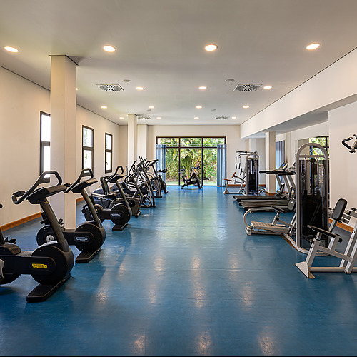 Gimnasio con máquinas de ejercicio y vistas al jardín. Impressive Playa Granada.