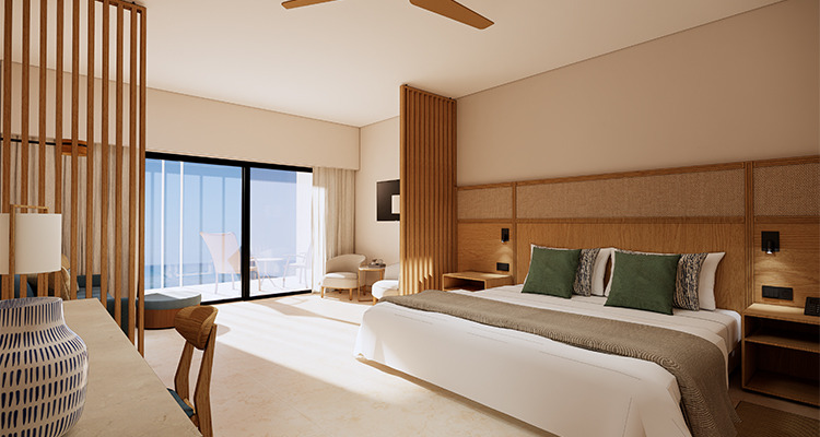 Impressive Royal Punta Cana: quarto de hotel moderno com vista para o mar e varanda.