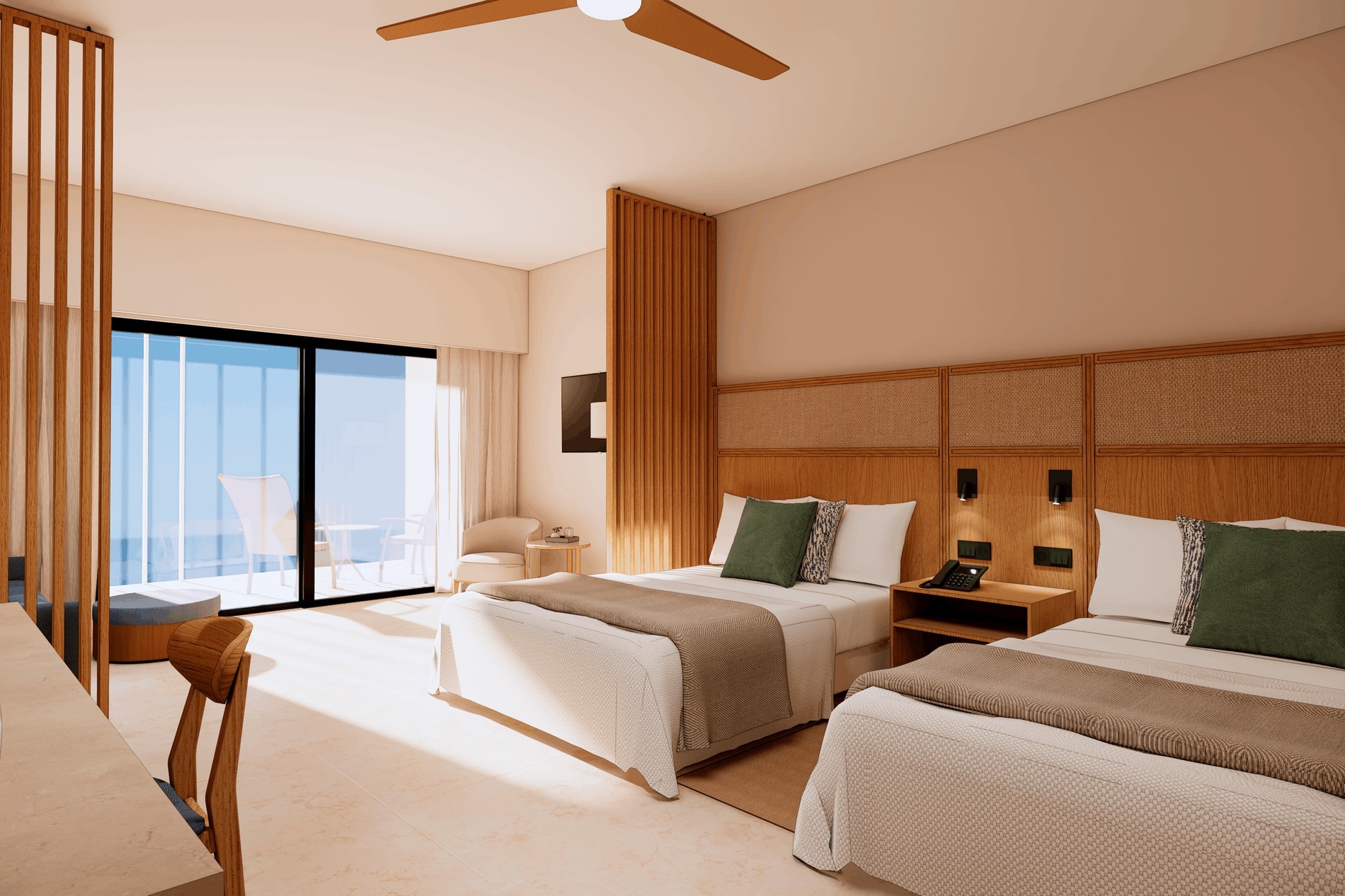 На изображении представлена современная гостиничная комната с видом на океан, разделенная деревянными рейками на спальную и гостиную зоны, с преобладанием светлых и натуральных оттенков.