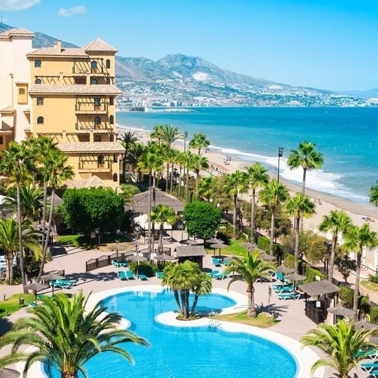 une grande piscine est entourée de palmiers et de chaises longues