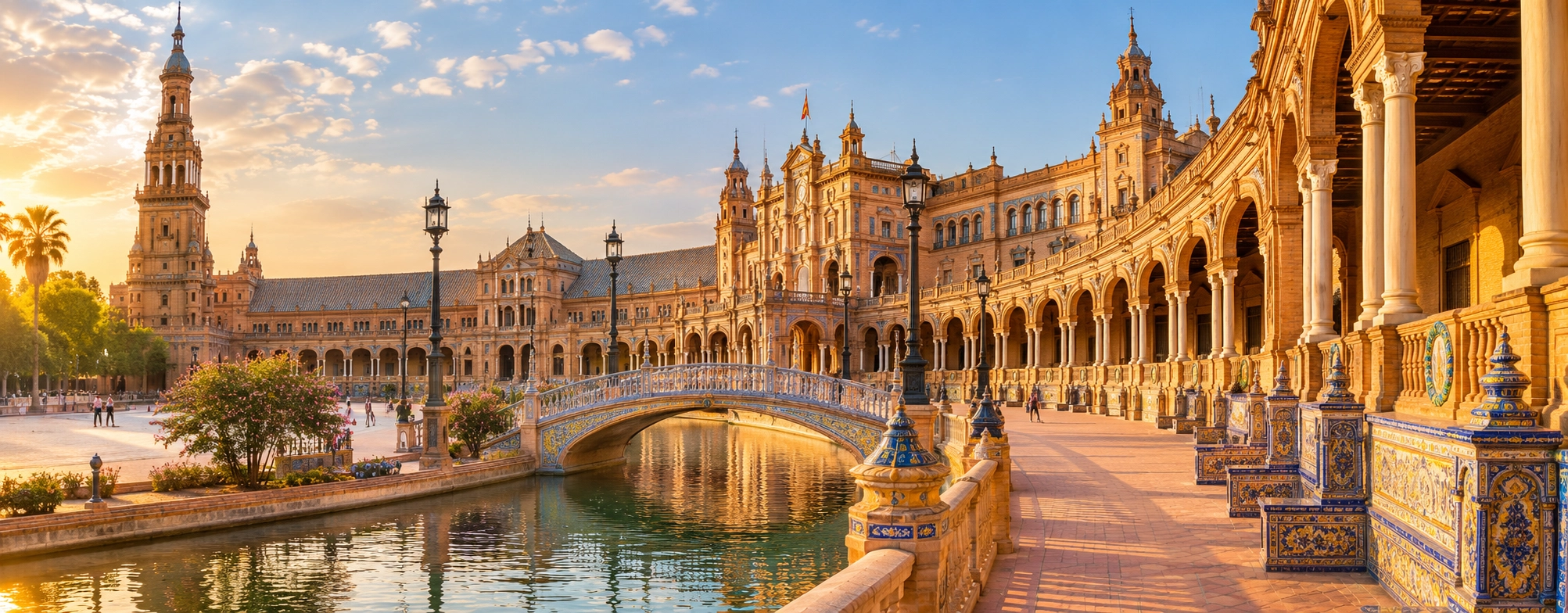Plaza de España, Seville, Spain: A beautiful view of the Plaza de España, a stunning architectural landmark perfect for a Joy Hostels & Hotels getaway.