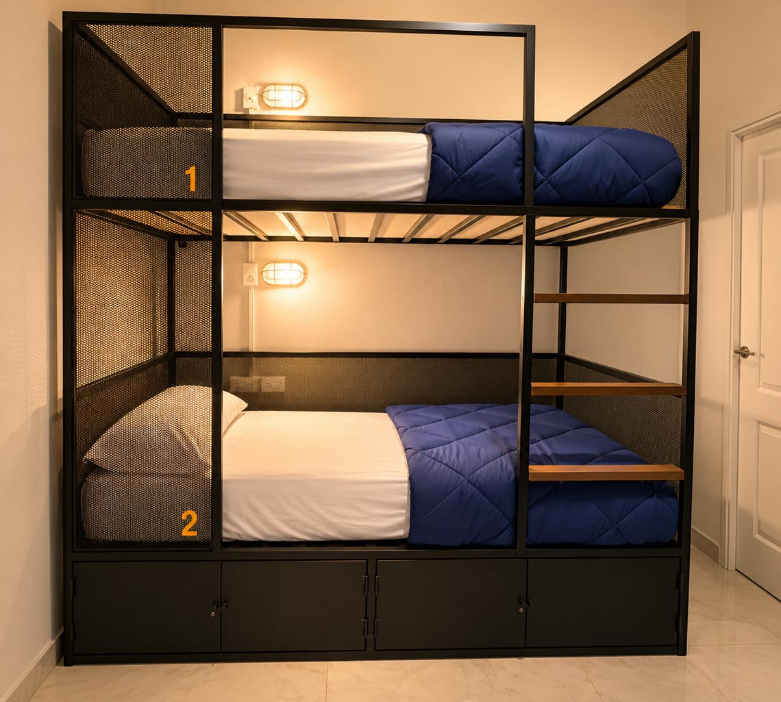 Bunk beds with blue duvets and white sheets at JOY: Corporativa.