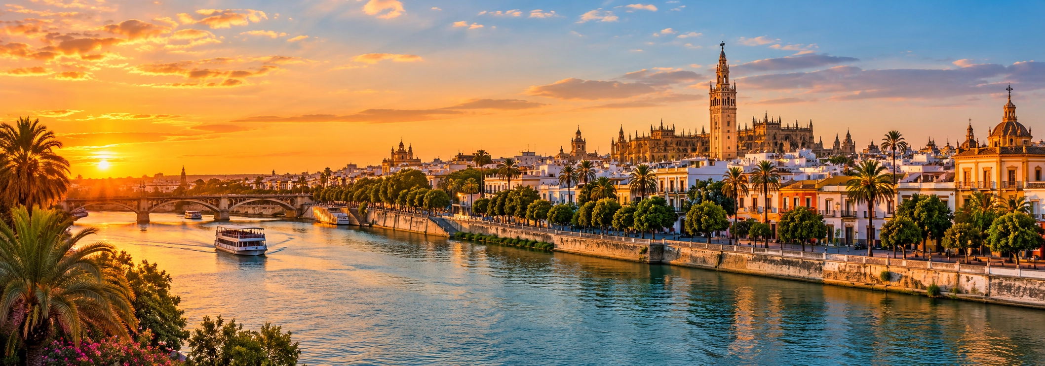 Seville skyline at sunset with Guadalquivir River cruise Joy Hostels & Hotels.