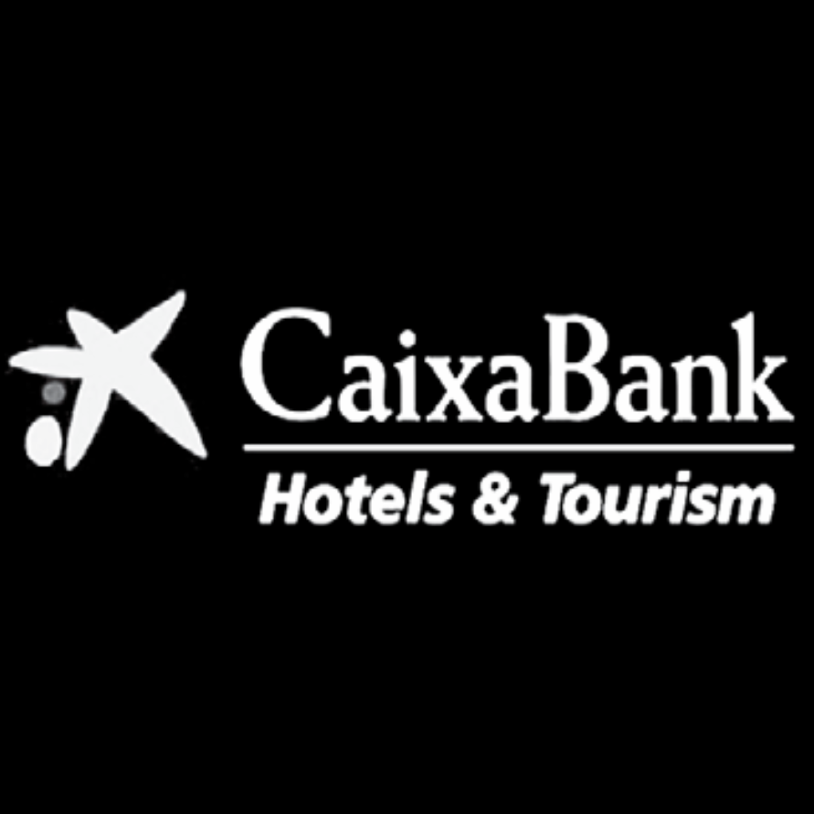 caixabank hotels and tourism logo on a black background