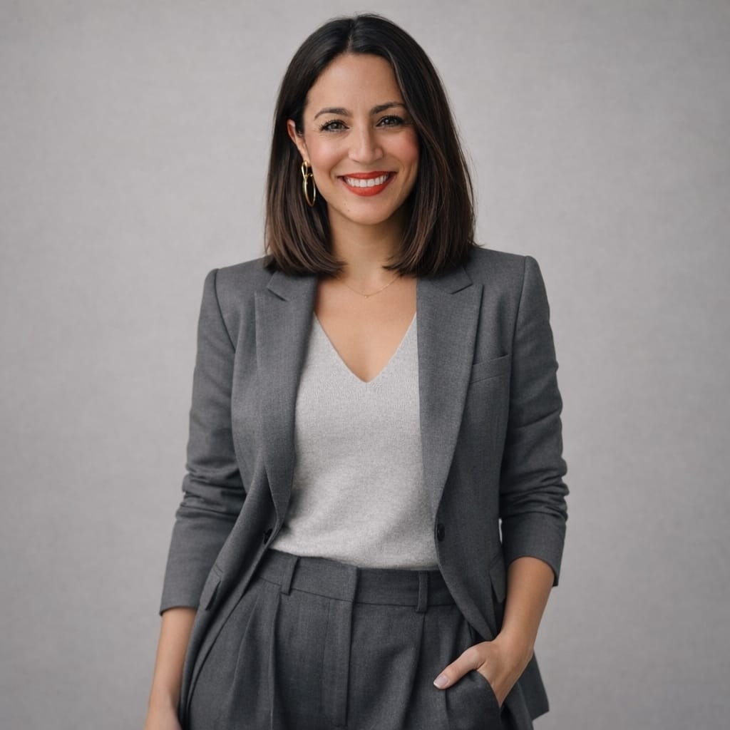  una mujer con una chaqueta gris y una camisa blanca sonríe para la cámara 