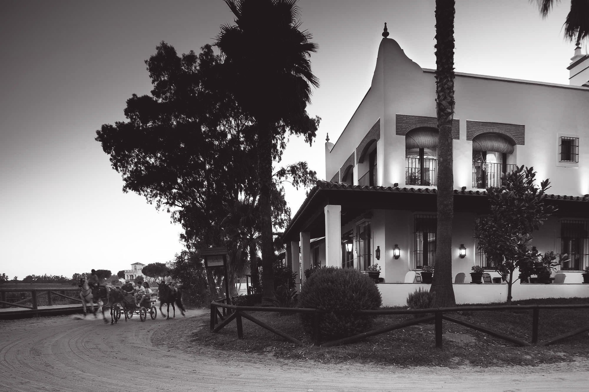 a black and white photo of a horse drawn carriage in front of a building