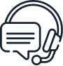 a blue icon of a headset with a microphone and a speech bubble .