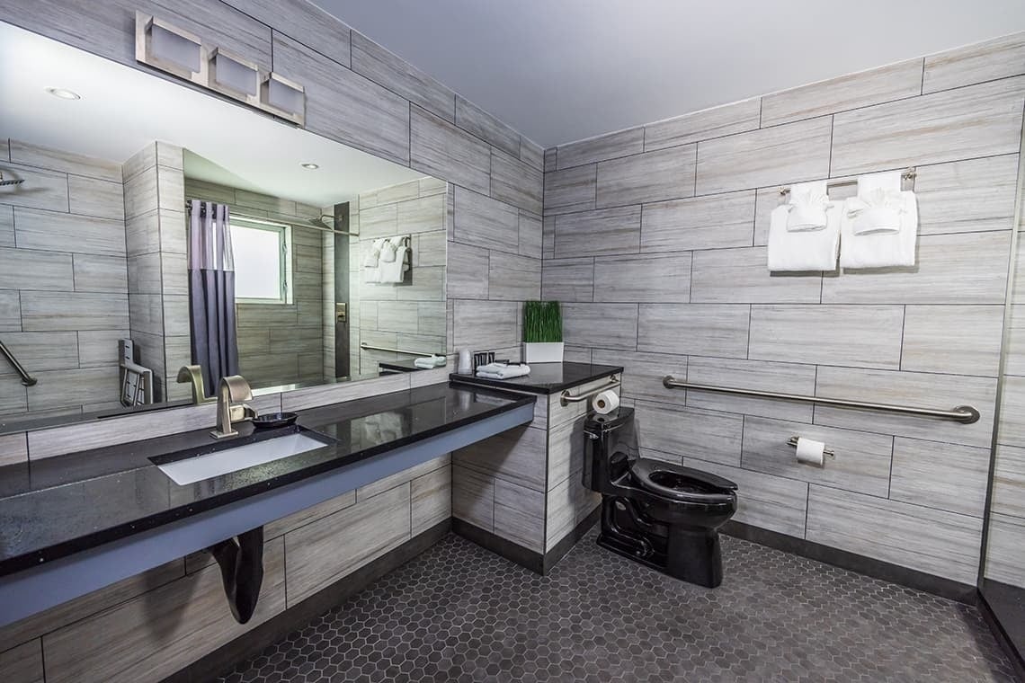 un baño con inodoro , lavabo y espejo