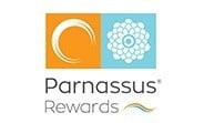 el logotipo de parnassus rewards es azul y blanco .