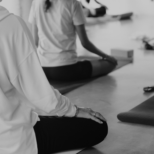 un grup de persones estant sentades en lotus en una classe de yoga