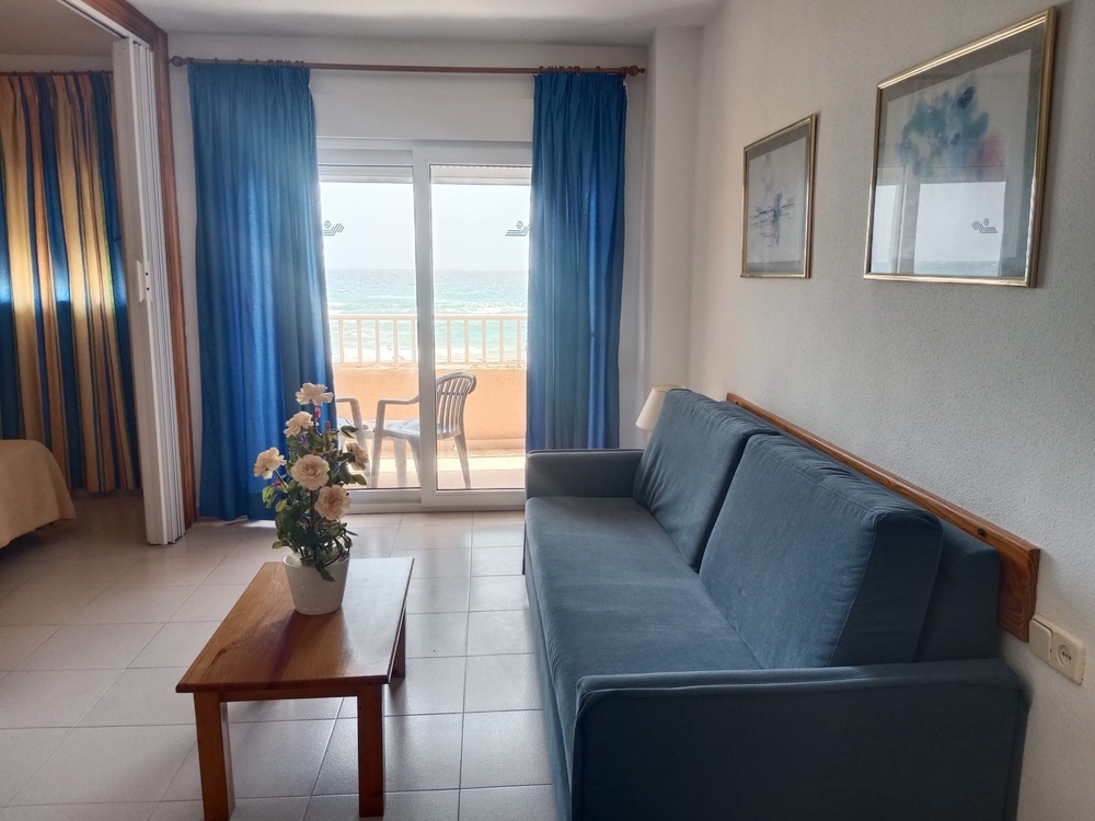 a living room with a sofa bed and a television
