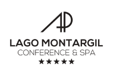 the logo for lago montargil conference and spa is black and white .