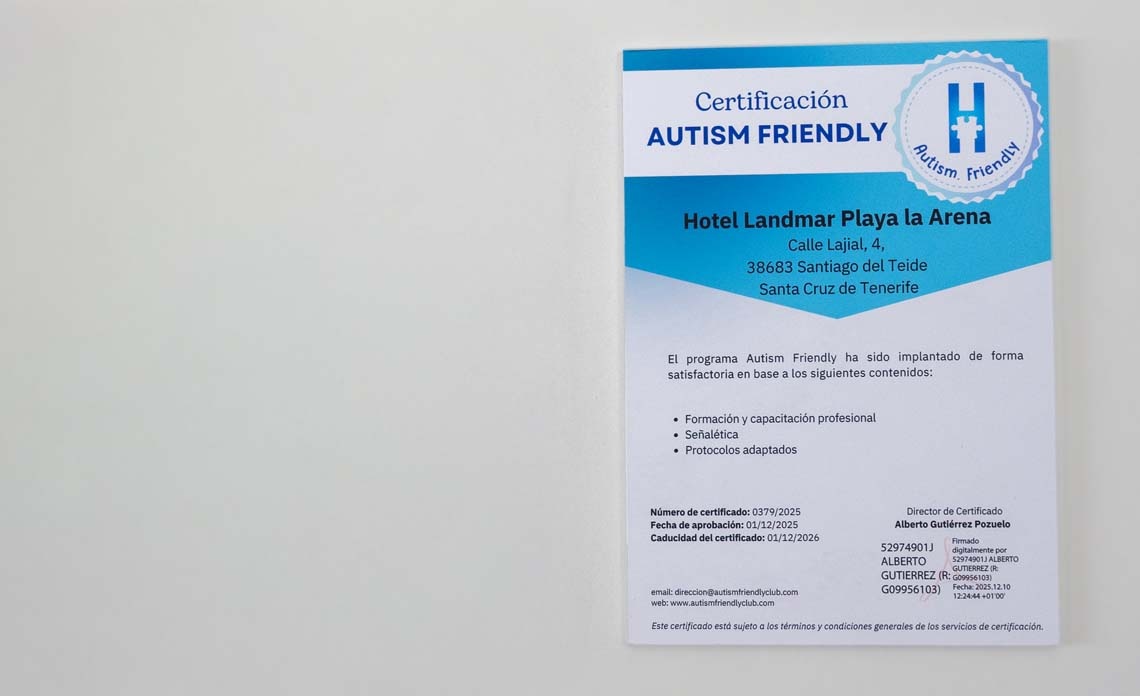 Certificado Autism Friendly para Hotel Landmar Playa la Arena.
