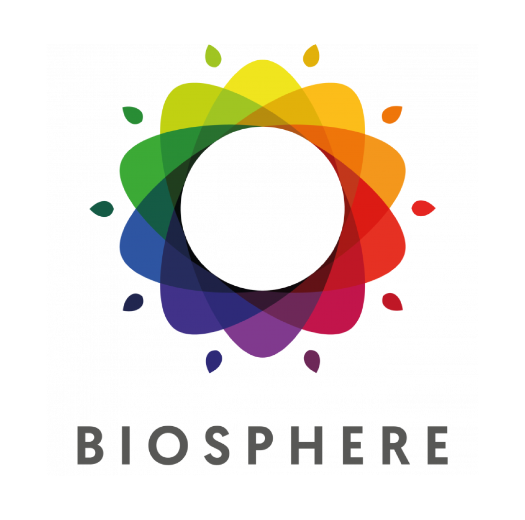 un logo de biosphere avec une fleur arc-en-ciel et des feuilles