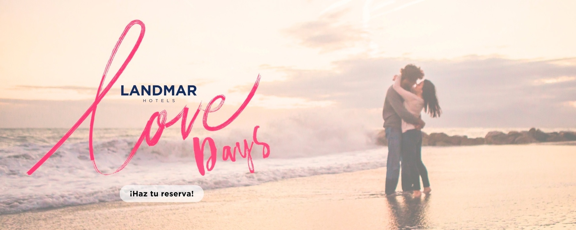 un homme tient une femme dans ses bras sur la plage avec le slogan landmar love days