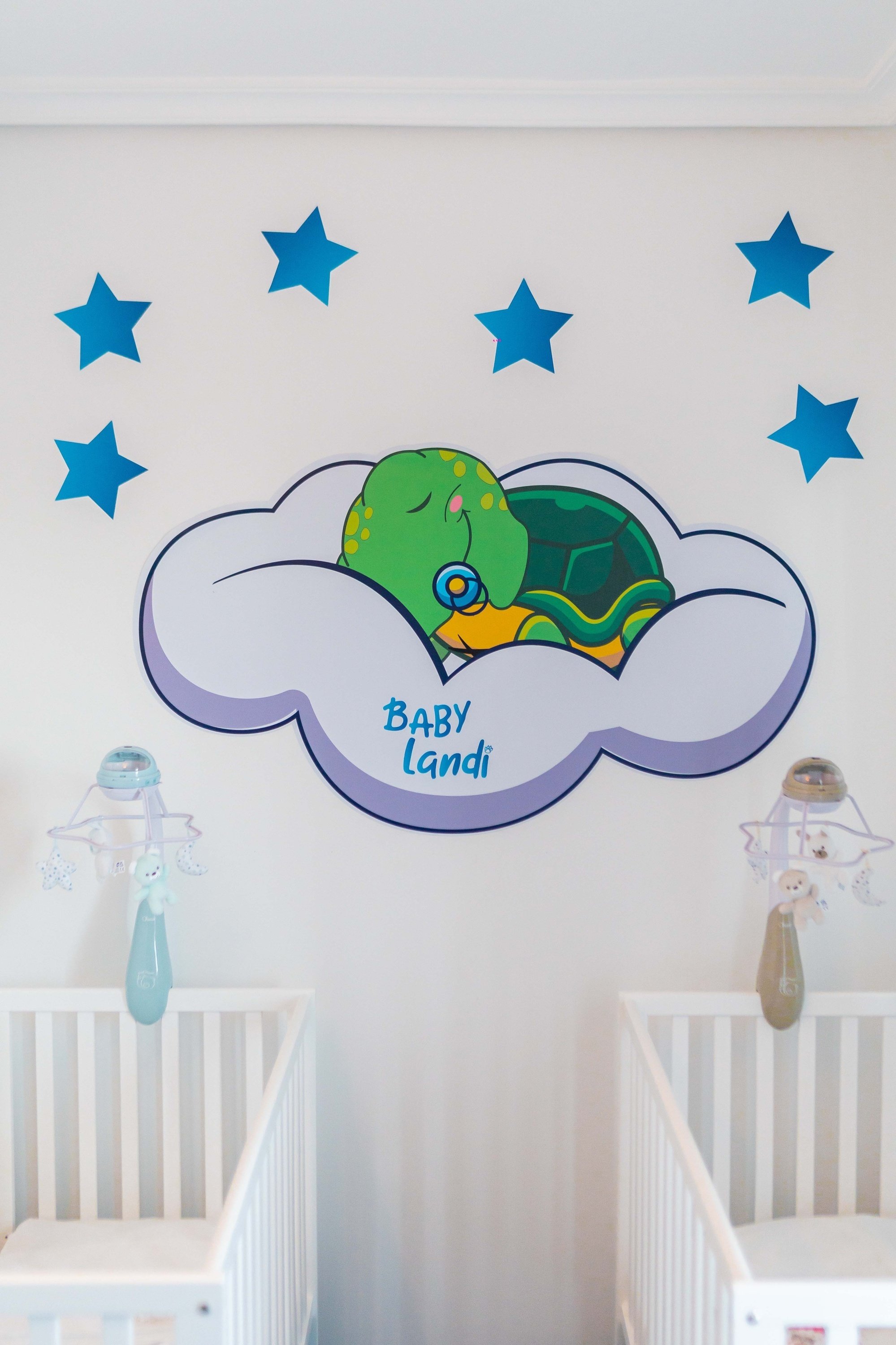 a turtle sleeping on a cloud with baby landi written on it