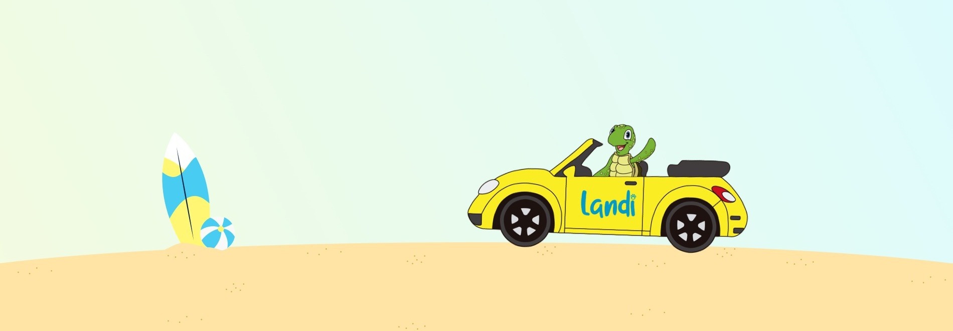 una tortuga de dibujos animados conduce un coche amarillo en la playa