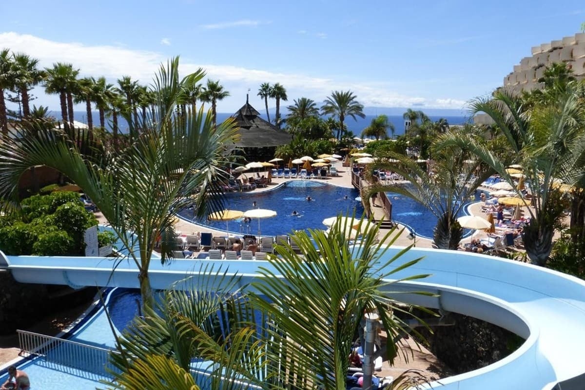 a water slide is surrounded by palm trees and a large pool