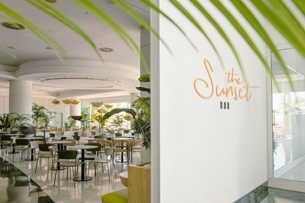 a patio area with tables and chairs surrounded by palm trees
