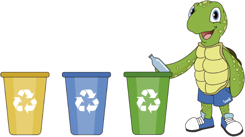 une tortue de dessin animé jette une bouteille dans un bac de recyclage