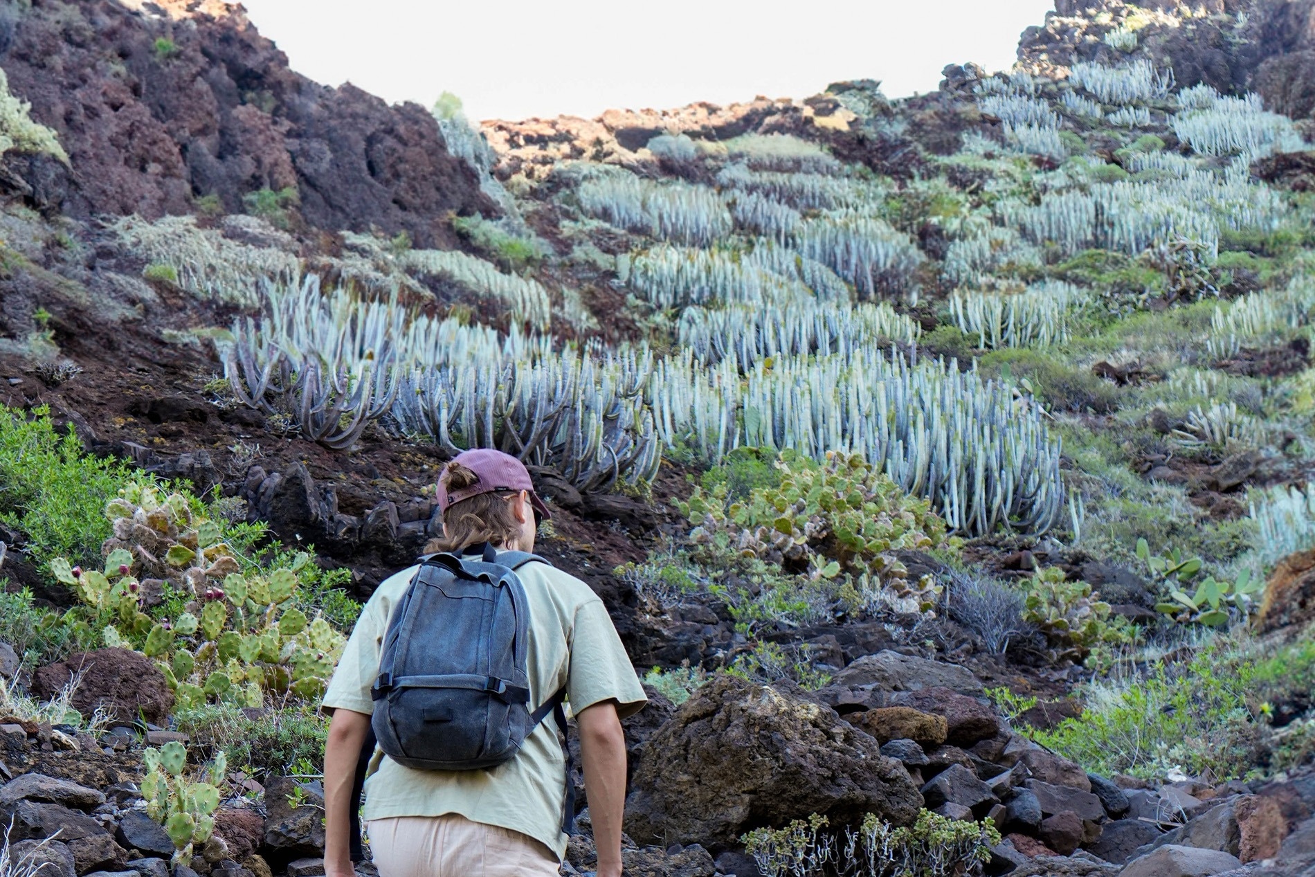 ein mann mit einem rucksack steht auf einem felsigen gelände