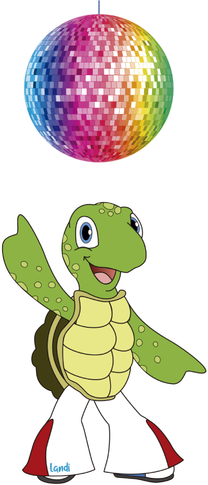 une tortue de dessin animé danse sous une disco balle