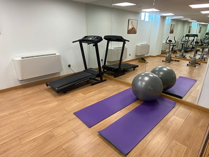 a gym with a treadmill and a pilates ball